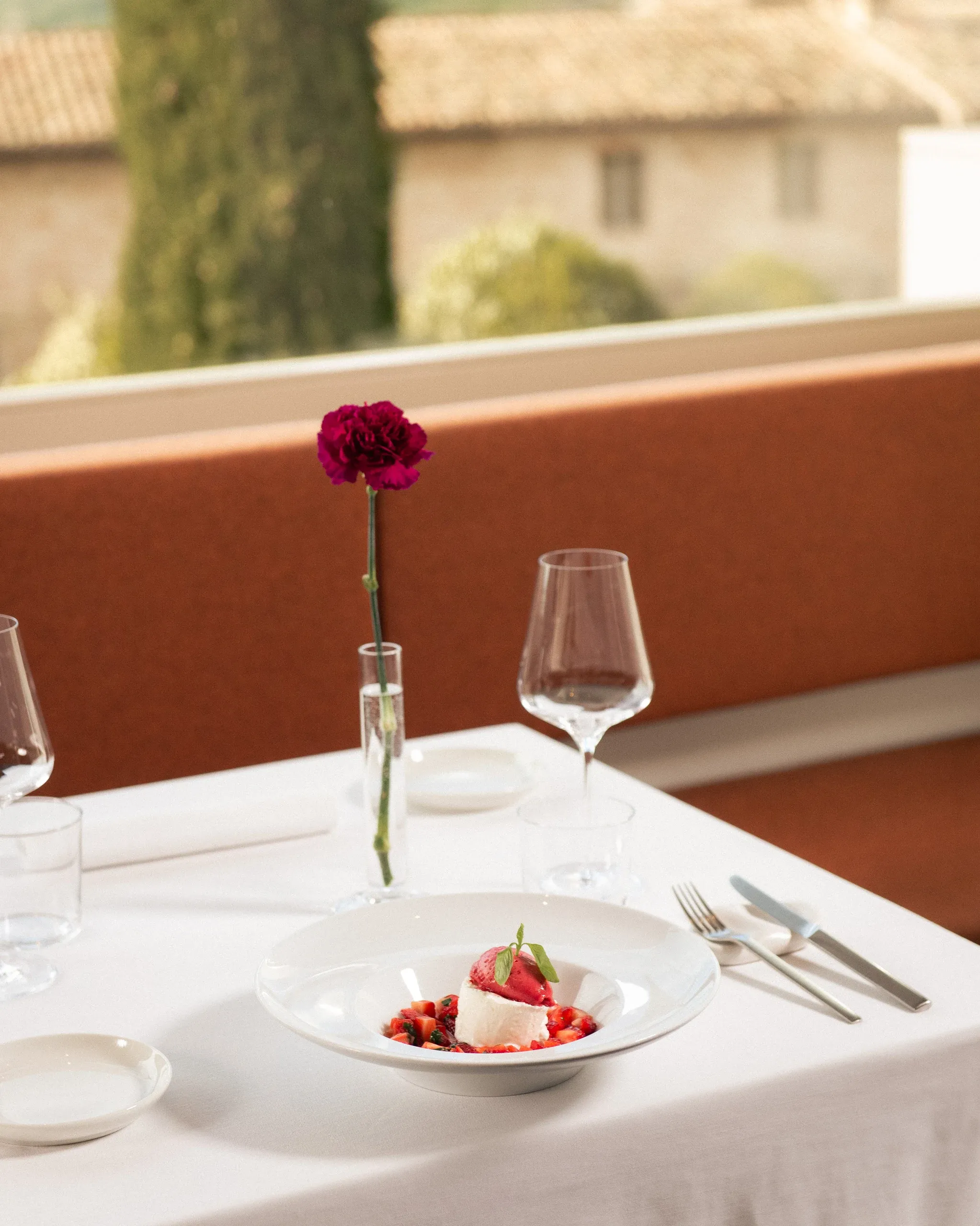 Vertical dessert plate detail with single carnation and blurred countryside view